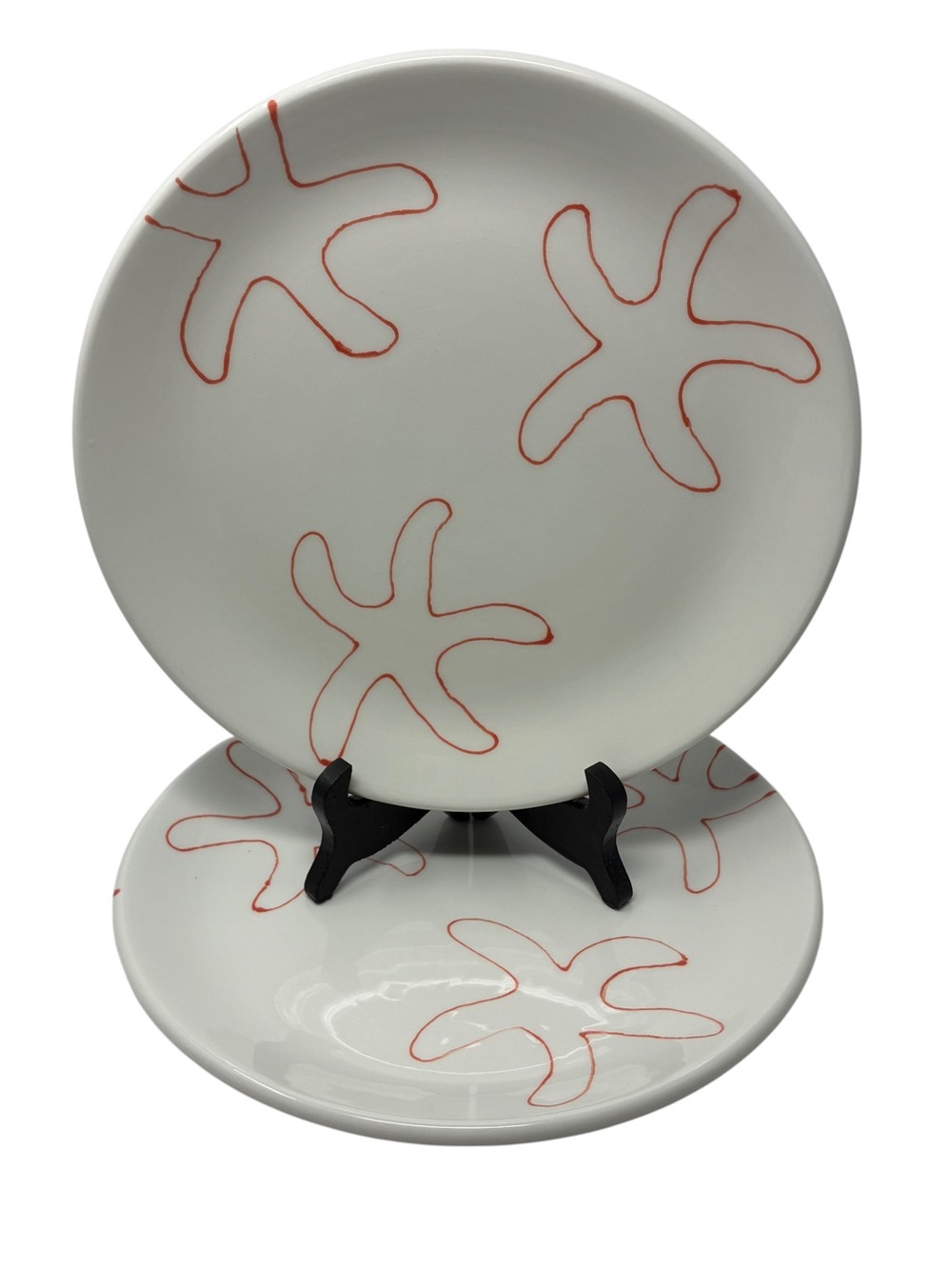 Over and Back Portugal STARFISH 2 Dinner Plates Cream Orange Nautical Coastal